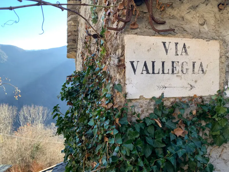 Steinschild Via Valleggia an einer Hauswand mit Efeu